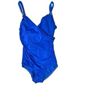 Jantzen Cobalt Blue One Piece Surplice Draped Front Tummy Control Size 14